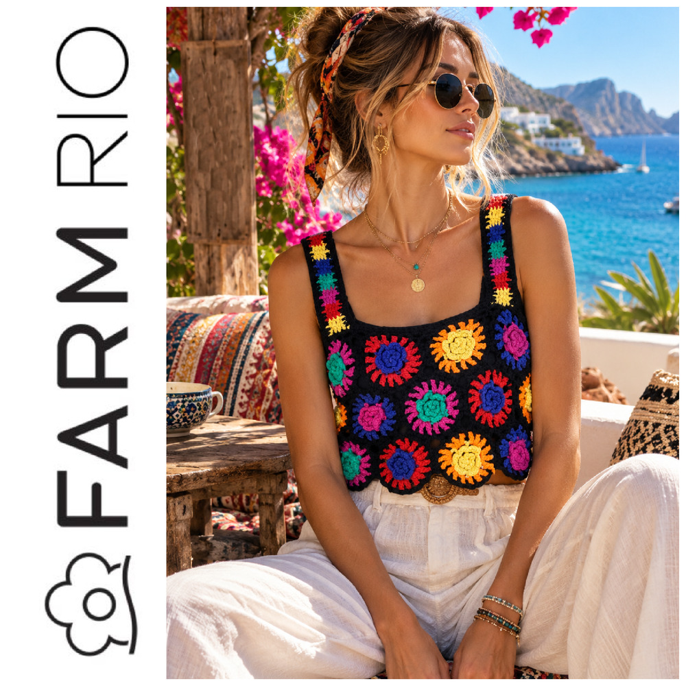 FARM Rio XS Black Crochet Floral Granny Square Crop Tank Multicolor Lined